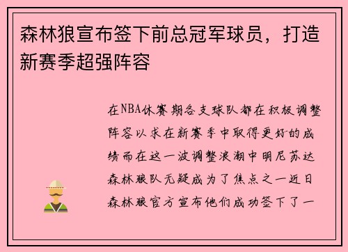 森林狼宣布签下前总冠军球员，打造新赛季超强阵容