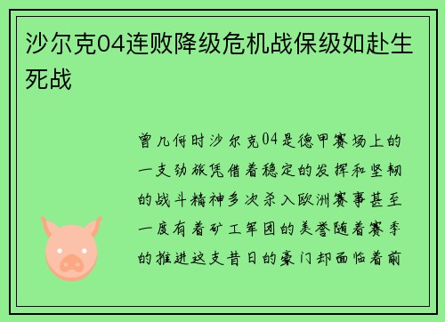 沙尔克04连败降级危机战保级如赴生死战