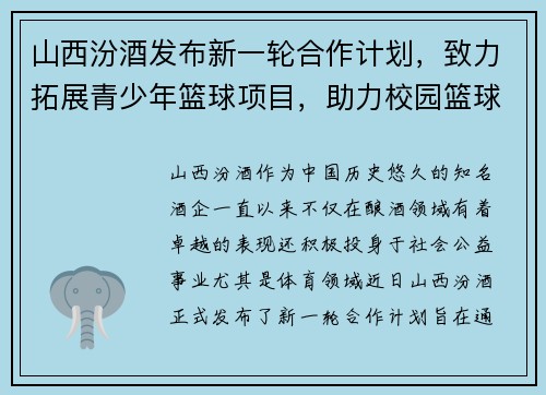 山西汾酒发布新一轮合作计划，致力拓展青少年篮球项目，助力校园篮球发展